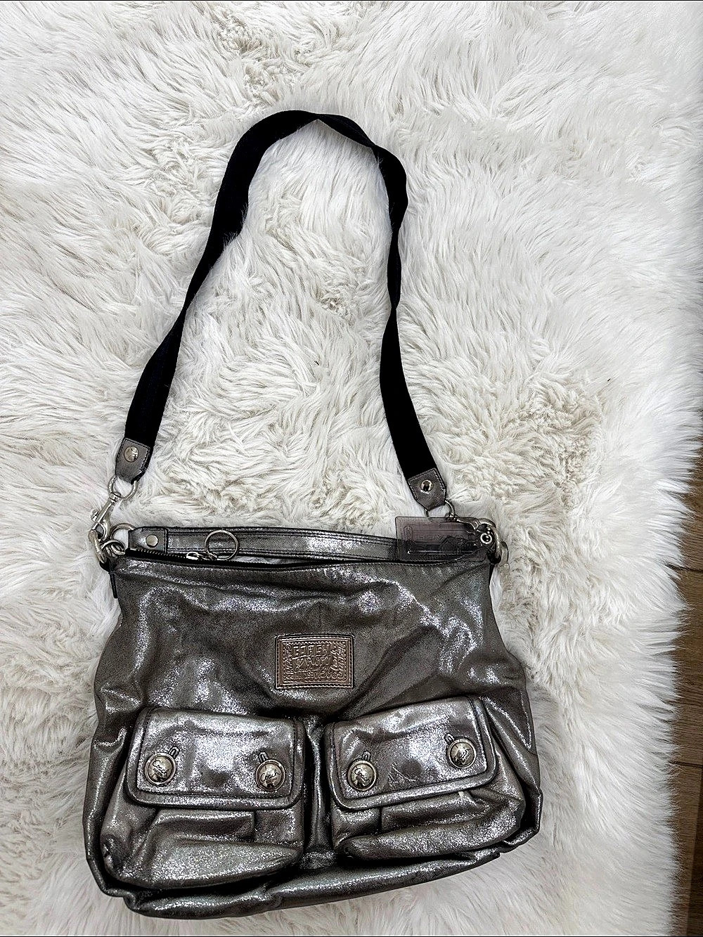 Coach Poppy Metallic Hobo Shoulder Bag, silver Gray & Purple interior